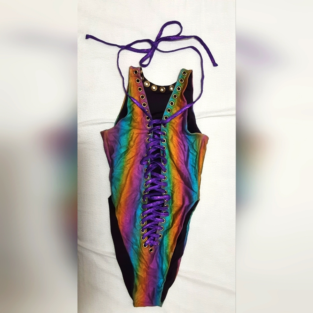 J valentine lace up hologram rainbow bodysuit 🌈